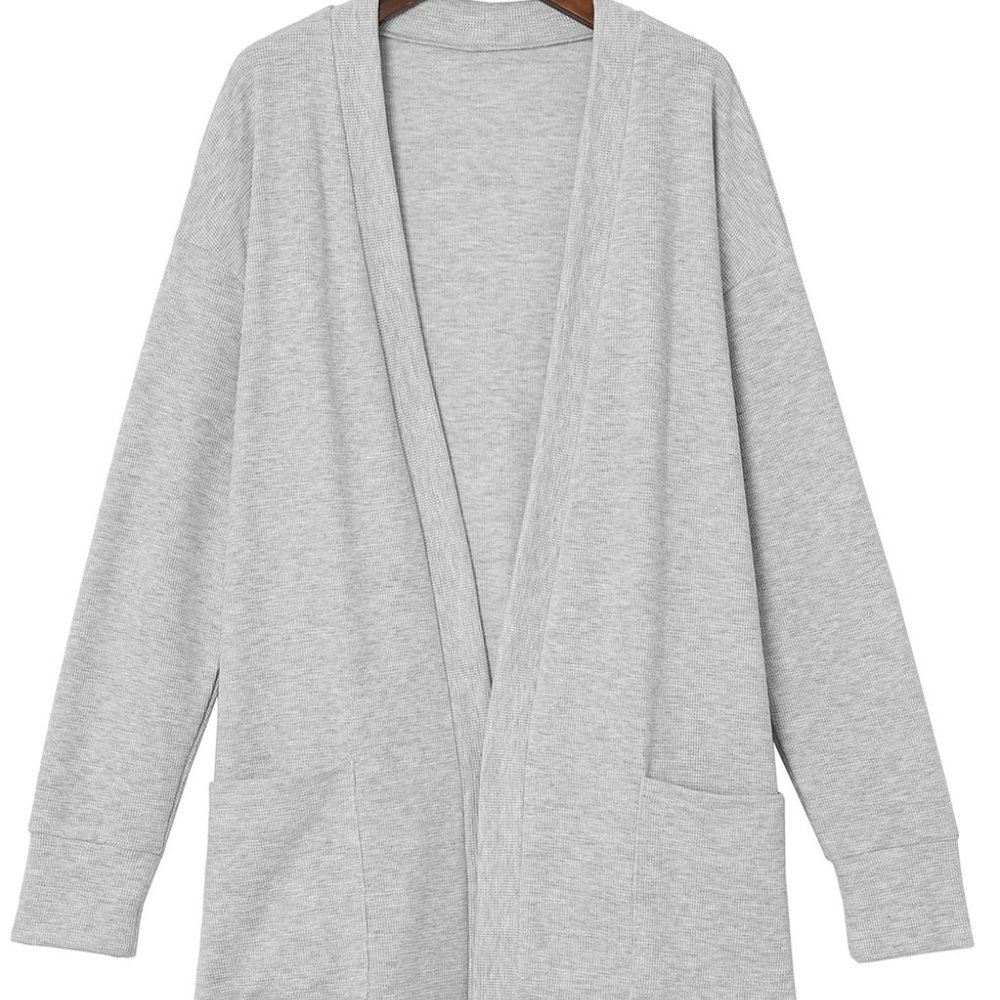 Light Gray Thermal Waffle Knit Open Front Pocketed Long Cardigan Fall Winter - Picture 10 of 10